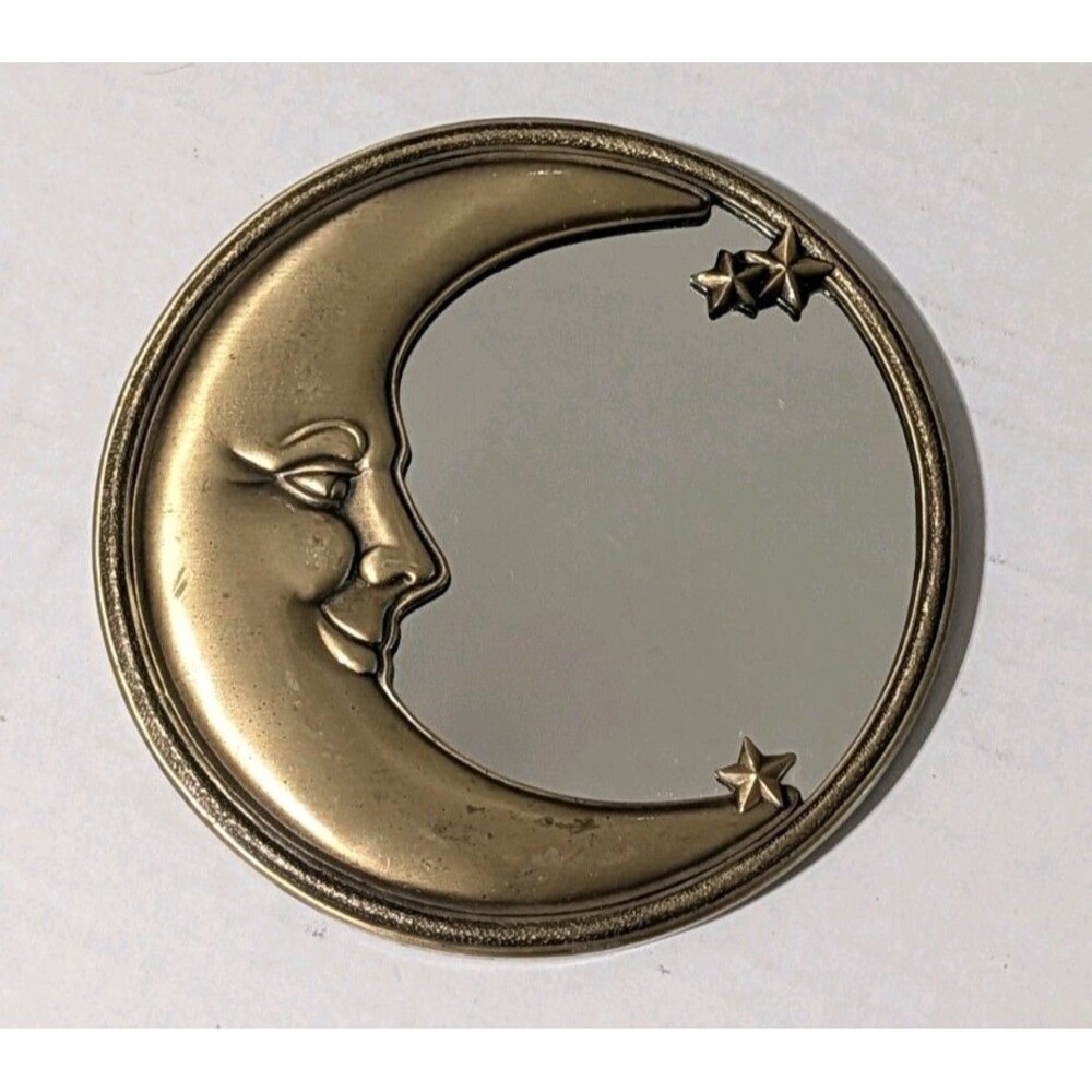 Vintage 90s Crowning Touch Brass Moon Mirror Celestial Stars Whimsigoth Round 6"